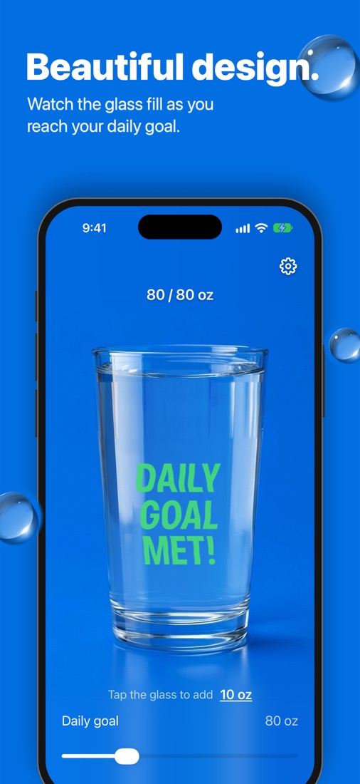 The app's main screen with a glass of water partly filled