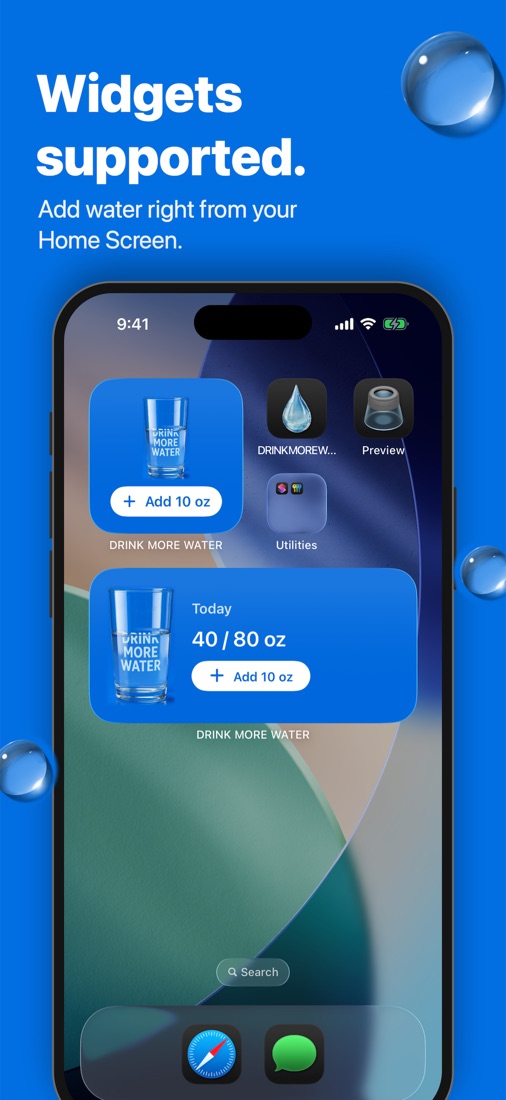 Home Screen widgets showing today's water and an Add button